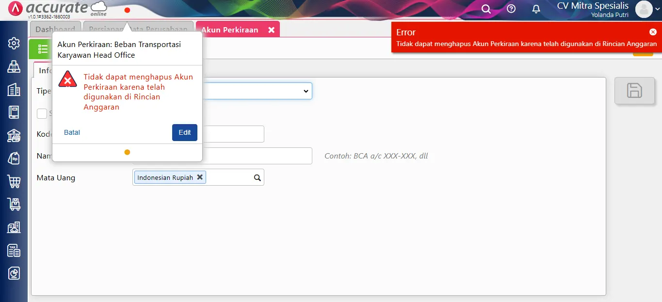 mengatasi error hapus akun anggaran